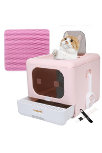 Loobani Foldable Cat Litter Box With Lid,Enclosed And Covered Litter Box To Prevent Smell, Anti-Splashing Kitty Potty With Scoop And Mat For Easy Clean, Large Top Entry Cat Toilet With Drawer (Pink)