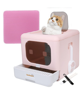 Loobani Foldable Cat Litter Box With Lid,Enclosed And Covered Litter Box To Prevent Smell, Anti-Splashing Kitty Potty With Scoop And Mat For Easy Clean, Large Top Entry Cat Toilet With Drawer (Pink)