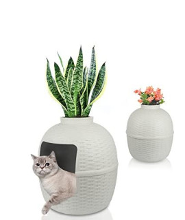keygarzone Plant Hidden Cat Litter Box with Reusable Liner, Carbon Filter & Real Stones, DIY Solutions for Home Decor, for Kitty, Light Gray