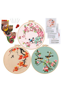 Anidaroel 3 Sets Embroidery Starters Kit For Beginners, Cross Stitch Kits For Adults Include 3 Embroidery Cloth With Birds Pattern, 1 Embroidery Hoop, Color Threads And Needles