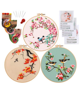 Anidaroel 3 Sets Embroidery Starters Kit For Beginners, Cross Stitch Kits For Adults Include 3 Embroidery Cloth With Birds Pattern, 1 Embroidery Hoop, Color Threads And Needles