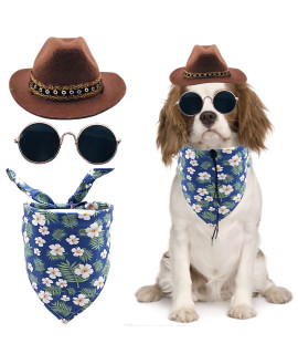 Pai Sence 3Pcs Brown Dog Cowboy Hat Floral Bandana Triangle Scarf Fashion Sunglasses West Cowboy Costume Accessories Set For Small Medium Puppy Dogs Cats Kitten Hawaii Festival Party Daily Wearing