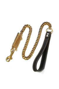 RUMYPET Gold Dog Chain Leash 15mm Cuban Link Chain Leash with Strong Buffer Spring No-Pull Labor-Saving Genuine Leather Handle Leash for Large Dogs 2ft/3ft/4ft(15mm,4ft)