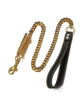 RUMYPET Gold Dog Chain Leash 15mm Cuban Link Chain Leash with Strong Buffer Spring No-Pull Labor-Saving Genuine Leather Handle Leash for Large Dogs 2ft/3ft/4ft(15mm,4ft)