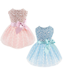 Cutebone Pink Dog Dress 2-Pack Outfit Puppy Skirt Blue Shining Embroiderd Tutu With Bowknot Pet Clothes Girl For Wedding Birthday Party Cat Apparel 2Tdd01S