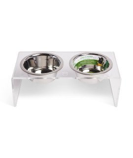 Acrylic Feeder Stand with 2 Set Removable Stainless Steel -for Dogs or Any Pet, Food and Water Bowls Included, Available in 3 Sizes (Medium)