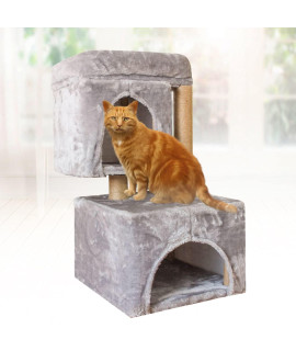 Cat Tree 2 Cozy Flannel Condos Cat Tree Furniture Condo Climbing Frame with Thick Hemp Ropes Scratching Posts for Cats Gray