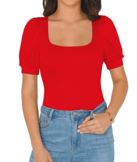 Mangopop Square Neckmock Neck Puff Sleeve Loose Lantern Short Sleeve Long Sleeve Bodysuit For Women For Going Out (Small, Short Sleeve Red)
