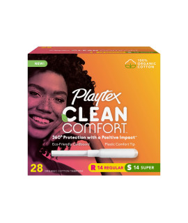 Playtex Clean Comfort Organic Cotton Tampons, Multipack (14Ct Regular14Ct Super Absorbency), Fragrance-Free, Organic Cotton - 28Ct