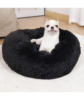 Calming Dog Bed For Small Dogs Black,Extra Small Donut Comfy Calming Bed For Dogs With Anxiety,Faux Fur Round Dog Beds For Small Dogs Washable,Soft Fluffy Dog Bed 20 Inch Fits Under To 10 Lbs Dogs
