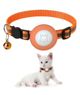 Airtag Cat Collar With Breakaway Bell, Reflective Adjustable Strap With Air Tag Case For Cat Kitten (Orange)