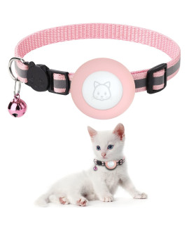 Airtag Cat Collar With Breakaway Bell, Reflective Adjustable Strap With Air Tag Case For Cat Kitten (Pink)