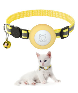 Airtag Cat Collar With Breakaway Bell, Reflective Adjustable Strap With Air Tag Case For Cat Kitten (Yellow)