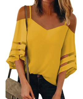 Roskiki Womens Solid Cold Shoulder Loose Shirt Tops Casual Spaghetti Strap 34 Bell Mesh Sleeve Blouse Tunic Tops Yellow Small