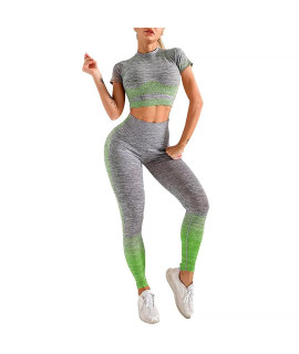 Feelingirl Workout Outfits For Women 2 Piece Plus Size Ribbed Seamless Short Sleeve Crop Top High Waist Leggings