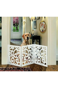 Safety Pet Gate for Dogs - Free-Standing & Foldable - Decorative Scroll Wooden Fence Barrier - Stairs & Doorways (White)