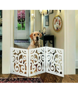 Safety Pet Gate for Dogs - Free-Standing & Foldable - Decorative Scroll Wooden Fence Barrier - Stairs & Doorways (White)