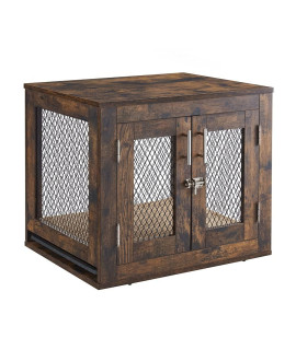 Unipaws Furniture Style Dog Crate With Cushion And Tray, Mesh Dog Kennels With Double Doors, End Table Dog House, Medium And Large Crate Indoor Use (Small, Rustic)