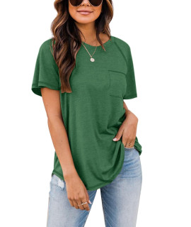 Berryou Short Sleeve Shirts For Women Crewneck Casual Loose Tunic Tee T-Shirts Pocket Summer Tops With Leggings Green Xl
