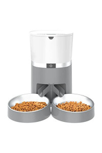 Automatic Cat Feeder, ALUKE Pet Feeder 4L Dry Food Dispenser with Splitter and Two Stainless Bowls for 2 Cats & Dogs, Voice Recorder and Time Setting 6 Meals Per Day - Battery and Plug-in Power