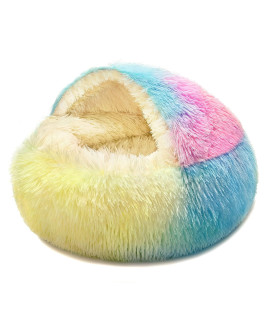 Kwewik Cat Bed Round Soft Plush Burrowing Cave Hooded Cat Bed Donut For Dogs Cats, Faux Fur Cuddler Round Comfortable Self Warming Pet Bed, Machine Washable, Waterproof Bottom, Medium, Rainbow