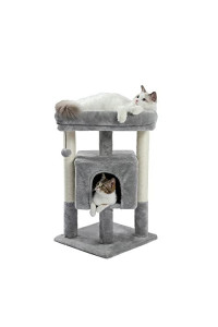Modern Small Cat Tree Cat Tower with Sisal Scratching Post, Cozy Condo, Top Perch and Dangling Ball Grey