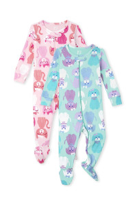 The Childrens Place Baby Toddler Girls Snug Fit 100% Cotton Zip-Front One Piece Footed Pajama 2-Pack, Catdog 2 Pack, 0-3 Months