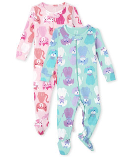 The Childrens Place Baby Toddler Girls Snug Fit 100% Cotton Zip-Front One Piece Footed Pajama 2-Pack, Catdog 2 Pack, 0-3 Months