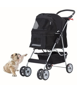 Dog Stroller, Folding 4 Wheels Pet Stroller for Small Medium Dog Cat Travel Carrier with Weather Cover Storage Basket Cup Holders (Black)