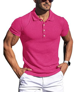 Urru Mens Muscle T Shirts Stretch Classic Ribbed Short Sleeve Casual Slim Fit Polo Golf Shirt Rose Red 3Xl