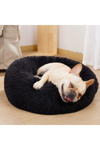 Calming Dog Bed For Small Dogs Black Cozy,Anti Anxiety Dog Bed Small Breed Washable,Round Donut Cuddler Faux Fur Dog Bed Small Size Dog,Fluffy Comfy Plush 24 Inch Puppy Beds For Small Dogs Under 25 Lb