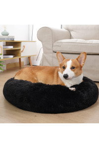 Round Dog Beds For Medium Dogs Washable Fluffy Cozy,Deep Sleep Calming Dog Bed For Dogs With Anxiety,Donut Cuddler Dog Bed Comfy Soft Faux Fur 28 Inch Black Dog Beds For Medium Dogs Under 35 Lb