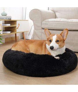 Round Dog Beds For Medium Dogs Washable Fluffy Cozy,Deep Sleep Calming Dog Bed For Dogs With Anxiety,Donut Cuddler Dog Bed Comfy Soft Faux Fur 28 Inch Black Dog Beds For Medium Dogs Under 35 Lb