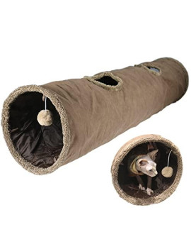 Terunat Cat Tunnel For Indoor Cats, 51A12 Inch Foldable Big Cat Tunnel, Brown Suede Pet Tunnels With Two Peepholes And A Bubble Ball