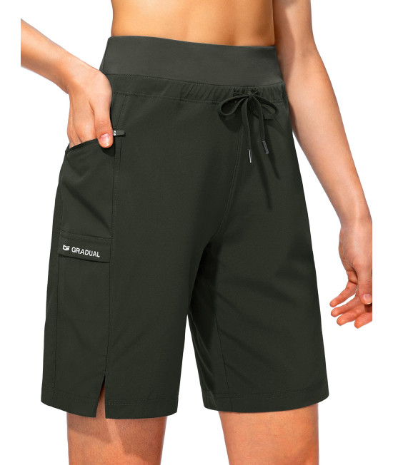 Womens Hiking Long Shorts 9 Quick Dry Cargo Bermuda Shorts Lightweight Knee Length With Zipper Pockets For Women(Olive,M)