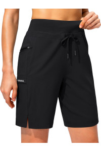 Womens Hiking Long Shorts 9 Quick Dry Cargo Bermuda Shorts Lightweight Knee Length With Zipper Pockets For Women(Black,Xl)