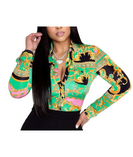 Collar Tops For Women Sexy Button Down T-Shirts Long Sleeve Floral Print Loose Colorful Blouses