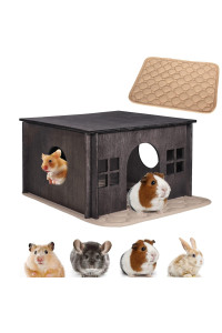 Hamster Hideout,Wooden Hamster House With Windows,Detachable And Large Size Suitable For Two Guinea Pig Hideout, Ventilated Wood Habitats Decor For Chinchilla, Hamster Mice Gerbils Mouse -Walnut Color