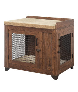 beeNbkks Furniture Style Dog Crate End Table, Dog Window Perch, Mesh Wooden Pet Crate with Double Doors and Pet Bed, Decorative Indoor Dog Furniture Kennel Medium Large