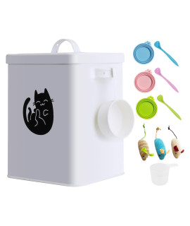 Zwmbyn Dog And Cat Food Storage Container 6L Cute Pet Food Storage Containers With Lids Airtight Metal Cat Food Bin With Measuring Cup Cat Food Can Covers Lids And Spoons Cat Mouse Toys White