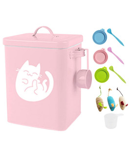 Zwmbyn Dog And Cat Food Storage Container 6L Cute Pet Food Storage Containers With Lids Airtight Metal Cat Food Bin With Measuring Cup Cat Food Can Covers Lids And Spoons Cat Mouse Toys Pink