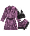 Eshion Womens Sleepwear Silk Pajama Set 3Pcs Sexy Lace Trim Satin Pjs Set With Robe Purple