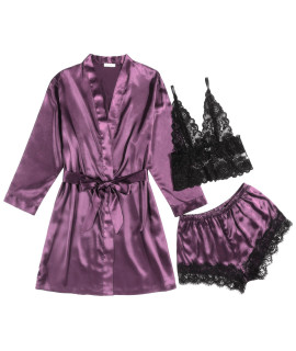 Eshion Womens Sleepwear Silk Pajama Set 3Pcs Sexy Lace Trim Satin Pjs Set With Robe Purple