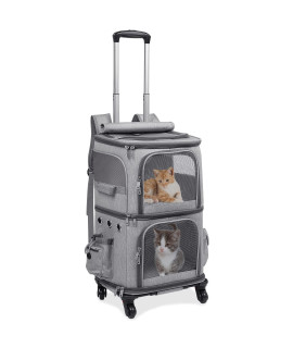 Hovono Double-Compartment Pet Carrier Backpack With Wheels For Small Cats And Dogs Cat Rolling Carrier For 2 Cats Perfect For Traveling Taking A Walk Trips To The Vet Grey