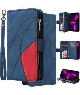 Oobooms Zipper Case For Google Pixel 6, Magnetic Flip Folio Pu Leather Wallet Cover Pouch Tpu Silicone Soft Inner Shell Card Slots Stand Wrist Strap - Blue