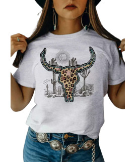 Wild Soul T-Shirt Women Vintage Western Bleached Tee Tops Boho Cow Skull Rodeo Shirt Western Cowgirls Casual Shirt Tops (Light Grey, X-Large)