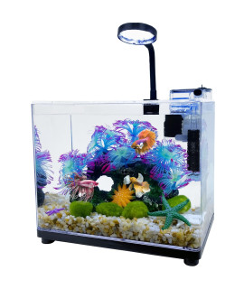 HEURYTEP Betta Fish Tank with Quiet Filter & Lighting (3 Modes), 2 Gallon Complete Set Acrylic Fish Aquarium with Decorations, Fish Tank with All Accessories Fits Any Scene, Coral Style