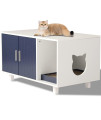 LOUVIXA Litter Box Enclosure, Cat Litter Box Furniture Hidden Cat Washroom Furniture House Table Nightstand with Cat Scratch Pad (White&Blue)