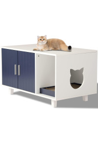 LOUVIXA Litter Box Enclosure, Cat Litter Box Furniture Hidden Cat Washroom Furniture House Table Nightstand with Cat Scratch Pad (White&Blue)