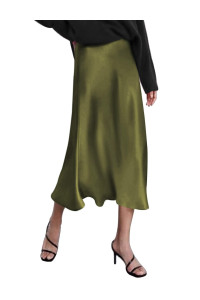 Zeagoo Womens Green Skirt High Waist Satin Skirt Long Summer Silk Skirts